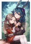  2girls aged_down animal_ears blue_eyes brown_hair byleth_(female)_(fire_emblem) byleth_(fire_emblem) dress edelgard_von_hresvelg fake_animal_ears fire_emblem fire_emblem:_three_houses garreg_mach_monastery_uniform hair_ribbon hand_on_another&#039;s_waist highres hug medium_hair moyibzs multiple_girls one_eye_closed outdoors pantyhose rabbit_ears red_dress ribbon rubbing_eyes sitting sitting_on_lap sitting_on_person skirt twintails violet_eyes white_pantyhose 