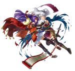  2girls arm_guards black_gloves black_thighhighs damaged fingerless_gloves fire_emblem fire_emblem:_radiant_dawn fire_emblem_heroes gloves hair_ribbon headband japanese_clothes long_hair micaiah_(fire_emblem) micaiah_(ninja)_(fire_emblem) multiple_girls ninja official_alternate_costume official_alternate_hairstyle official_art one_eye_closed open_mouth ponytail ribbon sanaki_kirsch_altina sanaki_kirsch_altina_(ninja) scarf scroll thigh-highs torn_clothes torn_scarf violet_eyes white_background white_hair yellow_eyes 