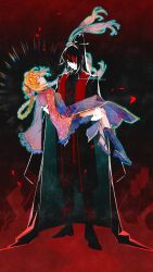  1boy 1girl bandage_over_one_eye black_hair black_hanfu braid braided_twintails carrying china_dress chinese_clothes closed_eyes commentary_request double_bun dress floating_hair frilled_sleeves frills full_body hair_bun hanfu high_ponytail highres hong_lu_(project_moon) hongyuan_(identity)_(project_moon) ishmael_(project_moon) kmame limbus_company long_hair long_sleeves orange_hair ponytail project_moon red_bandage red_shrug rope_belt scar scar_on_face shrug_(clothing) sidelocks stole twin_braids 