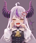  1girl ahoge angry ascot braid crying detached_sleeves fang fangs half-closed_eye highres hololive horns la+_darknesss long_hair long_sleeves multicolored_hair neko_no_fuji o-ring pointy_ears puffy_long_sleeves puffy_sleeves purple_hair skin_fang solo streaked_hair striped_horns tail tears upper_body virtual_youtuber white_hair wiping_tears yellow_ascot yellow_eyes 