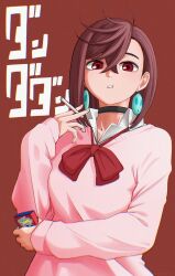  1girl ayase_momo black_choker bow bowtie brown_eyes brown_hair choker collarbone commentary copyright_name crossed_bangs dandadan earrings eating floating_earrings food hair_between_eyes highres holding holding_food holding_pocky jewelry kami_high_school_uniform long_sleeves looking_at_viewer loose_bowtie parted_lips pink_sweater pocky red_bow red_bowtie school_uniform shirt short_hair solo sweater upper_body white_shirt wing_collar wolkat 