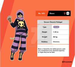  1girl artist_name belt black_hair bracelet character_name character_profile dark-skinned_female dark_skin deviantart_logo deviantart_username ekans english_commentary english_text full_body highres hijab jewelry long_sleeves looking_at_viewer orange_background pants personification pokedex_number pokemon purple_hijab skull_print solo spiked_bracelet spikes striped_clothes striped_pants taruyamame tinted_eyewear 