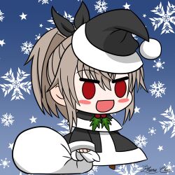  1girl :d absurdres artist_name bag black_capelet black_dress black_hat blue_background blush_stickers boots brown_boots brown_hair capelet chibi commentary dress english_commentary eydis_(sao) full_body gradient_background hair_between_eyes hat high_ponytail highres holding holding_bag long_hair meme neck_mistletoe o_o padoru_(meme) parted_bangs phanuchan pom_pom_(clothes) ponytail red_eyes santa_hat sidelocks signature smile snowflake_background solo sword_art_online sword_art_online:_alicization sword_art_online:_unleashed_blading two-tone_capelet two-tone_dress two-tone_headwear white_background white_bag white_capelet white_dress white_hat 