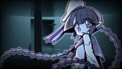  1girl anchor blue_ribbon blue_sailor_collar blush braid brown_eyes brown_hair chair colored_skin dress empty_world_00 english_commentary funamusea hat highres lamp long_braid looking_at_viewer oounabara_to_wadanohara pillar pleated_skirt ribbon sailor_collar sailor_dress sailor_hat shirt sidelocks skirt solo tile_wall tiles twin_braids wadanohara white_hat white_shirt white_skin white_skirt witch 