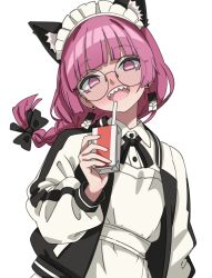  1girl absurdres alcohol alcohol_carton animal_ears apron black_bow bocchi_the_rock! bow braid cat_ears commentary drink_carton drunk ear_piercing earrings english_commentary fangs ghuler glasses hair_bow hanafuda highres hiroi_kikuri holding holding_drink_carton jacket jewelry looking_at_viewer maid maid_apron maid_headdress multicolored_jacket piercing round_eyewear sharp_teeth solo teeth tongue two-tone_jacket unconventional_maid white_background 