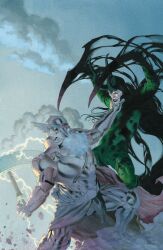  2boys absurdres adoptive_siblings aged_up armor beard black_lips bodysuit breastplate brothers can't_choose_your_own_family cape clouds comic_cover cover cover_page esad_ribic facial_hair fake_horns fighting greaves green_bodysuit green_helmet grey_armor grey_background grey_helmet hammer helmet highres holding holding_hammer holding_weapon horned_helmet horns loki_(all-butcher)_(marvel) loki_(marvel) male_focus marvel mature_male mjolnir_(marvel) monster_boy multiple_boys muscular muscular_male official_alternate_costume official_alternate_design official_art pauldrons realistic red_cape shoulder_armor siblings slime_boy spiked_pauldrons spikes textless_version third-party_source thor_(marvel) thor_(marvel)_(series) traditional_media veins veiny_arms weapon white_facial_hair winged_helmet wrinkled_skin 