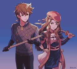  1boy 1girl armor beret blue_background breasts brown_eyes brown_hair commentary commission english_commentary fire_emblem fire_emblem_fates hana_(fire_emblem) hat headband highres holding holding_sword holding_weapon japanese_armor japanese_clothes katana long_hair looking_at_another original samurai small_breasts sword weapon whimcb white_headband 