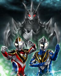  2boys alien aqua_background arm_up armor back_fin blue_gem blue_skin chest_guard clenched_hand color_timer colored_skin commentary compound_eyes deep_sea dorsal_fin fangs fighting_stance gakuzomu gem giant giant_male glowing glowing_eyes gold_trim green_background hands_up hanejidyna86 highres horns kaiju large_pectorals light_particles looking_ahead male_focus monster multicolored_skin multiple_boys muscular muscular_male no_pupils ocean open_hands open_mouth outstretched_arm pectorals red_eyes red_skin scythe sharp_teeth shoulder_armor side-by-side silver_skin sparkle teeth tokusatsu toned toned_male twitter_username two-tone_background two-tone_skin ultra_series ultraman_agul ultraman_gaia ultraman_gaia_(series) ultraman_gaia_(supreme_version) upper_body white_eyes wrinkled_skin 