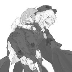  1boy 1girl absurdres carrying cloak closed_eyes clothing_cutout command_spell commentary eden_one1 edmond_dantes_(fate) fate/grand_order fate_(series) fujimaru_ritsuka_(female) fujimaru_ritsuka_(female)_(decisive_battle_chaldea_uniform) glove_cutout highres injury laughing open_mouth piggyback short_hair sketch smile teeth 