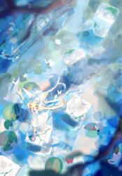  >_< 1girl absurdres blurry blurry_foreground branch broken_pillar bug butterfly cat_girl child commentary_request dress fang flower from_above highres hopping lily_(flower) lily_pad long_hair nature original outstretched_arm pillar pink_ribbon reflection reflective_liquid ribbon ruins shoes skin_fang sleeveless sneakers solo standing standing_on_one_leg tail tree utsusemi_1024 white_dress white_hair 