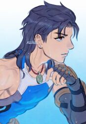  1boy artist_name bare_shoulders black_hair blue_background blue_tank_top bodysuit brown_eyes collarbone covered_abs covered_pectorals elbow_gloves fingerless_gloves from_side gloves gradient_background hair_down highres jade_(gemstone) jewelry looking_to_the_side macchama674 necklace overwatch pectorals pendant sidepec simple_background sketch sleeveless sleeveless_bodysuit tank_top tight_clothes toned toned_male unfinished wet wuyang_(overwatch) 