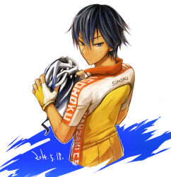 1boy black_hair blue_eyes closed_mouth clothes_writing commentary_request cropped_legs dated fingerless_gloves gloves helmet holding holding_unworn_helmet imaizumi_shunsuke jacket looking_back male_focus mecyo_(mamezurushiki) short_hair short_sleeves solo unworn_headwear unworn_helmet white_background yowamushi_pedal 
