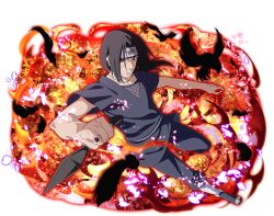  1boy bird black_bird black_feathers black_hair falling_feathers feathers forehead_protector grey_pants grey_shirt holding holding_kunai holding_weapon jewelry konohagakure_symbol kunai looking_at_viewer male_focus naruto_(series) naruto_shippuuden naruto_shippuuden:_ultimate_ninja_blazing official_art pants red_eyes ring sharingan shirt short_sleeves solo uchiha_itachi weapon 