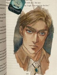  arabic_text artist_name blonde_hair collared_shirt cropped_head erwin_smith expressionless highres huge_eyebrows jacket jewelry looking_at_viewer pendant photo_(medium) shingeki_no_kyojin shirt short_hair solo tafart teabag 