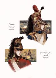  2boys axis_powers_hetalia blonde_hair france_(hetalia) freckles hat hat_feather highres jacket krendelek male_focus medium_hair military_hat military_jacket military_uniform multiple_boys sash ship short_hair united_kingdom_(hetalia) watercraft 