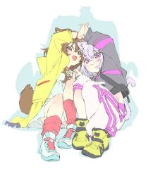  2girls :3 :d animal_ear_fluff animal_ears black_hoodie braid brown_eyes brown_hair cat_ears cat_girl cat_tail collar commentary_request cropped_hoodie dog_ears dog_girl dog_tail dress drop_shadow heads_together highres holding_hands hololive hood hoodie inugami_korone inugami_korone_(1st_costume) jacket looking_at_viewer marugayotsu multiple_girls nekomata_okayu nekomata_okayu_(1st_costume) open_mouth pants purple_hair purple_tail shoes sitting smile sneakers sweatpants tail violet_eyes virtual_youtuber white_dress yellow_jacket 