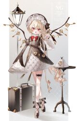  1girl absurdres antique_phone black_bonnet black_jacket black_shoes black_skirt blonde_hair bonnet bow bowtie briefcase commentary_request flandre_scarlet full_body grey_background hair_between_eyes heart-shaped_lock high-waist_skirt highres holding holding_phone jacket key lamppost lock long_hair long_sleeves looking_at_viewer padlock phone platform_shoes red_bow red_bowtie red_eyes rotary_phone shadow shoes skirt sleeves_past_fingers sleeves_past_wrists solo standing table thigh_strap touhou very_long_hair watermark wide_sleeves yukia_(yukia_777) 