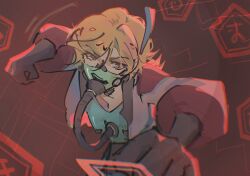  1boy alternate_costume alternate_universe angry black_gloves blonde_hair commentary demoncotik genshin_impact gloves hair_between_eyes highres hologram hoyofair humanoid_robot kaveh_(genshin_impact) leaning_forward long_sleeves looking_down mask mouth_mask open_mouth pants red_background red_eyes robot shade solo standing tube untranslatable_commentary upper_body vehicle_interior 