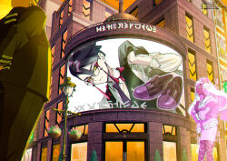  1girl 2boys black_hair black_pants black_shoes building closed_mouth collared_shirt commentary_request corbeau_(pokemon) dark-skinned_female dark_skin door dress fishnets frills glasses gloves hand_on_own_face hanging_plant hologram jacinthe_(pokemon) lamppost long_hair mitsuha_(bless_blessing) multiple_boys necktie orange_sky pants philippe_(pokemon) pokemon pokemon_legends:_z-a purple_necktie round_eyewear shirt shoes short_hair signature sky smile unworn_shoes white_shirt window yellow_eyes 