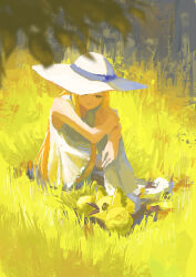  1girl absurdres blonde_hair cchan_tuka closed_eyes commentary dress grass hat highres hugging_own_legs lillie_(pokemon) long_hair outdoors pokemon pokemon_(creature) pokemon_sm sitting sun_hat untranslatable_commentary white_dress white_hat 