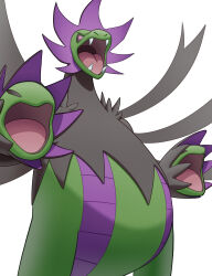  absurdres alternate_color black_sclera colored_sclera commentary_request dragon fangs highres hydreigon kihada_magulo multiple_heads no_humans open_mouth pokemon pokemon_(creature) pokemon_focus shiny_pokemon simple_background solo violet_eyes 
