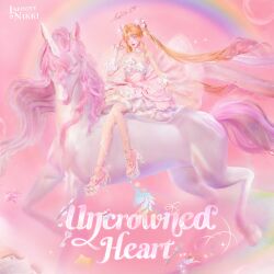  3d absurdly_long_hair absurdres album_cover arm_warmers artist_request back_bow bead_armlet bead_necklace beads blonde_hair bow bubble bubble_skirt colored_tips commentary copyright_logo cover double_bun dreamtime_bestowed_(infinity_nikki) dress english_commentary english_text floating_hair fork frilled_arm_warmers frilled_wrist_cuffs frills hair_bow hair_bun hair_ornament half-heart_hands halo happy heart heart_hair_ornament high_heels highres horseback_riding infinity_nikki jewelry key large_bow layered_dress leg_ribbon light_blush light_particles lipstick logo long_hair makeup medium_dress multicolored_hair multicolored_shoes neck_ribbon necklace nikki_(series) official_art open-toe_shoes open_mouth parted_bangs pink_background pink_bow pink_dress pink_halo pink_lips pink_ribbon pink_shoes pink_theme platform_shoes rainbow ribbon ribbon_earrings riding ringlets second-party_source shoes sidelocks single_arm_warmer single_wrist_cuff sitting skirt sleeveless sleeveless_dress smile spaghetti_strap star_(symbol) stiletto_heels teeth title two-tone_shoes unicorn upper_teeth_only very_long_hair violet_eyes white_arm_warmers white_bow white_dress white_shoes white_wrist_cuffs wrist_bow wrist_cuffs 