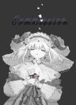  1girl black_background closed_eyes commentary_request commission dress earrings english_text falling_petals flower greyscale hair_flower hair_ornament holding holding_flower horns jewelry kgeroua long_sleeves lying medium_hair monochrome on_back original parted_lips petals rose sleeping solo upper_body veil watermark 