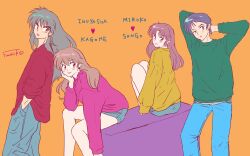  2boys 2girls blue_hair brown_eyes brown_hair character_name closed_mouth commentary_request denim denim_shorts fuwariko green_sweater grey_hair hand_in_pocket highres higurashi_kagome inuyasha inuyasha_(character) jeans long_hair miroku_(inuyasha) multiple_boys multiple_girls orange_background pants pink_eyes purple_hair purple_sweater red_sweater sango_(inuyasha) shorts sitting sweater yellow_sweater 