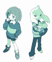  1boy 1other :< adoptive_siblings ankle_boots aqua_theme asriel_dreemurr bare_legs barefoot blunt_bangs blunt_ends blush bob_cut boots chara_(undertale) chinese_commentary closed_mouth commentary_request expressionless fewer_digits flower from_above full_body furry furry_male goat_boy hand_on_own_hip hand_to_own_mouth hand_up high_heel_boots high_heels highres holding holding_flower kneehighs legs_apart long_sleeves looking_at_viewer luobxd monochrome pants puffy_long_sleeves puffy_sleeves shirt short_hair short_shorts shorts sleeves_past_wrists socks striped_clothes striped_shirt striped_sweater sweater tareme thigh-highs toes tsurime undertale utdr_(toby_fox) 