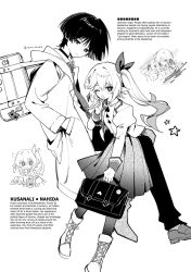  1boy 1girl aiming aiming_at_viewer alternate_costume alternate_universe arm_at_side asymmetrical_sidelocks bag blazer blunt_ends boots box braid censored censored_text character_name character_profile closed_mouth coat collared_shirt contemporary cookie cross-shaped_pupils english_text eyelashes flying_sweatdrops food genshin_impact gift gift_box giving greyscale gun hair_over_one_eye hair_ribbon half_crown_braid hand_in_pocket hand_up handgun highres holding holding_bag holding_box holding_gift holding_gun holding_weapon hood hood_down hooded_coat jacket juliet_sleeves lace-up_boots lapels light_blush long_hair long_sleeves looking_at_food looking_at_viewer medium_skirt monochrome nahida_(genshin_impact) necktie one_eye_closed open_clothes open_jacket open_mouth pants pantyhose paper_bag pleated_skirt pointy_ears puffy_sleeves ribbon rzm_mmzk scaramouche_(cat)_(genshin_impact) scaramouche_(genshin_impact) school_bag school_uniform shirt shoes shoulder_bag side_ponytail sidelocks skirt symbol-shaped_pupils tsurime turtleneck turtleneck_shirt twitter_username undershirt weapon white_background wing_collar wispy_bangs 