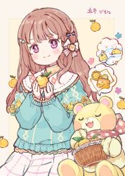  +_+ 1girl aqua_sweater blue_bow bow braid brown_hair candy_hair_ornament center-flap_bangs closed_mouth commentary_request food food-themed_hair_ornament fruit grid_print hacosumi hair_bow hair_ornament hands_up highres holding holding_food holding_fruit layered_sleeves long_hair long_sleeves original pink_eyes pleated_skirt print_skirt puffy_long_sleeves puffy_sleeves puritan_collar side_braid sidelocks simple_background skirt sleeves_past_wrists smile solo stuffed_animal stuffed_toy sweater teddy_bear wavy_hair white_bow white_skirt wooden_bowl yuzu_(fruit) 