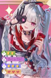  1girl black_gloves black_hat commentary_request diamond_(shape) diamond_facial_mark facial_mark gloves hands_up hat highres holding holding_phone honkai:_star_rail honkai_(series) long_hair long_sleeves looking_at_viewer mark_under_eye mini_hat mini_top_hat multicolored_hair ok_sign open_mouth phone red_hair single_glove skirt smile solo sparkle_(honkai:_star_rail) sparxie_(honkai:_star_rail) streaked_hair top_hat twintails very_long_hair white_hair white_skirt wide_sleeves yusurame_4 
