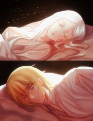  1boy 1girl alternate_costume bags_under_eyes blonde_hair blue_eyes breasts closed_eyes closed_mouth couple dimitri_alexandre_blaiddyd dress edelgard_von_hresvelg fire_emblem fire_emblem:_three_houses hair_between_eyes hetero highres light_smile long_hair lying medium_breasts mlkywy nightgown on_bed on_side one_eye_closed pajamas scar scar_on_face sleeping white_hair 