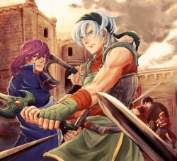  1girl 3boys armor axe bad_id bad_pixiv_id bandana breastplate castle dual_wielding echidna_(fire_emblem) fingerless_gloves fire_emblem fire_emblem:_the_binding_blade geese_(fire_emblem) gloves green_bandana grey_hair holding holding_axe khylos long_hair multiple_boys pauldrons purple_hair short_hair shoulder_armor shoulder_pads spiked_pauldrons spikes sword weapon 