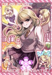  1girl ahoge akamatsu_kaede blonde_hair breasts collared_shirt commentary_request danganronpa_(series) danganronpa_v3:_killing_harmony dated hair_ornament highres large_breasts long_hair long_sleeves looking_at_viewer musical_note musical_note_hair_ornament nota_sayaka official_alternate_costume open_mouth pink_sweater_vest pleated_skirt shirt skirt smile sweater_vest vest white_shirt 