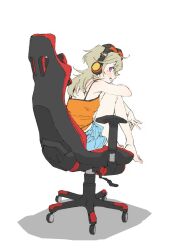  1girl alternate_costume bare_legs bare_shoulders barefoot blonde_hair blue_shorts blush camisole casual chair commentary_request facial_mark feet_on_chair from_behind from_side full_body gaming_chair grin headphones highres hugging_own_legs knees_up komori_met long_hair looking_at_viewer looking_back looking_to_the_side marugayotsu on_chair orange_camisole profile shadow short_shorts shorts simple_background sitting smile solo spaghetti_strap swivel_chair toes v violet_eyes virtual_youtuber vspo! white_background 