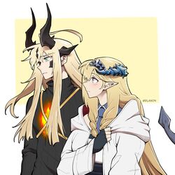  2girls arknights black_sweater blue_eyes blue_necktie blush borrowed_clothes braid commentary dlanon dragon_girl dragon_horns dragon_tail english_commentary green_eyes height_difference horns jacket long_hair looking_at_another multiple_girls necktie pointy_ears reed_(arknights) ribbed_sweater saileach_(arknights) sidelocks sweater tail twitter_username two-tone_background upper_body very_long_hair white_background white_jacket yellow_background 