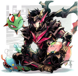  1boy 3others alien armor black_hair commentary_request gloves granblue_fantasy grumpy hagiya_kaoru hair_over_one_eye male_focus multiple_others nicholas_(granblue_fantasy) on_ground scarf short_hair signature sitting tongue tongue_out 