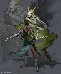  1girl animal_skull bandages breasts cloak closed_mouth commentary_request dagger dark-skinned_female dark_skin dual_wielding full_body green_cloak grey_background grey_hair highres holding holding_dagger holding_knife holding_weapon iamc95 knife kunai midriff navel simple_background skull_on_head slay_the_spire standing the_silent_(slay_the_spire) twitter_username weapon zoom_layer 