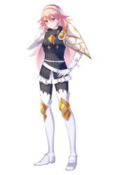  1girl absurdres arcelle armor belt black_pantyhose blush boots breasts commentary dress elbow_gloves english_commentary fire_emblem fire_emblem_fates full_body gambeson gloves hairband hand_on_own_hip hand_up highres index_finger_raised knee_pads long_hair long_sleeves looking_at_viewer medium_breasts mixed-language_commentary pantyhose pink_hair red_eyes short_dress shoulder_armor single_shoulder_pad smile soleil_(fire_emblem) solo standing thigh_boots transparent_background white_belt white_boots white_dress white_gloves white_hairband 