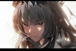  1girl arknights black_eyes black_hair crown drive_shot hair_between_eyes letterboxed long_hair looking_at_viewer mole mole_under_eye portrait simple_background solo v-shaped_eyebrows virtuosa_(arknights) white_background 
