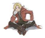  1boy ahoge belt belt_buckle black_pants black_shirt blonde_hair boots brown_footwear buckle closed_mouth coat commentary_request crossed_legs edward_elric full_body fullmetal_alchemist gloves highres kgeroua long_hair long_sleeves looking_at_viewer male_focus mechanical_arms pants ponytail red_coat shirt simple_background single_mechanical_arm sitting solo white_background white_gloves yellow_eyes 