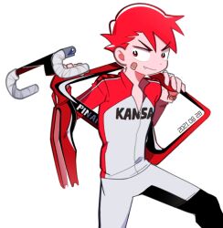  1boy arms_up bandaid bandaid_on_face collared_shirt commentary fang fang_out hair_between_eyes long_sleeves looking_to_the_side male_focus naruko_shoukichi o_omome open_collar pants red_eyes red_hair romaji_text shirt short_hair sideways_glance simple_background smile solo v-shaped_eyebrows white_background yowamushi_pedal 