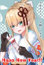  1girl :d alternate_costume alternate_hairstyle aqua_eyes black_gloves blonde_hair blue_kimono blush braid chinese_zodiac commentary_request e69465 earrings eyes_visible_through_hair floral_print floral_print_kimono fur-trimmed_kimono fur_trim glint gloves hair_between_eyes hair_ornament half_up_braid hands_up happy_new_year heaven_burns_red highres holding holding_omikuji japanese_clothes jewelry kimono long_hair long_sleeves looking_at_viewer omikuji open_mouth ponytail print_kimono sidelocks smile solo tassel tassel_hair_ornament toujou_tsukasa upper_body very_long_hair wide_sleeves year_of_the_snake 