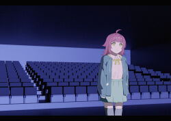  1girl absurdres ahoge black_thighhighs blue_hoodie blunt_bangs blunt_ends expressionless film_grain highres hood hoodie liminal_space looking_at_viewer love_live! love_live!_nijigasaki_high_school_idol_club masami_atabe medium_hair movie_theater nijigasaki_school_uniform pink_hair school_uniform solo tennoji_rina thigh-highs yellow_eyes zettai_ryouiki 