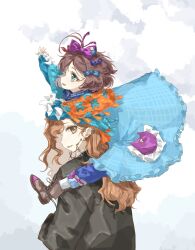  2girls :d arm_up black_coat blue_bow blue_dress blue_eyes blue_pants blue_scarf boots bow braces brown_boots brown_eyes brown_hair carrying carrying_person clouds coat commentary_request dress flutterpage from_side hair_bow highres hutsutoka long_hair multiple_girls multiple_hair_bows orange_scarf pants pants_under_dress profile purple_bow reverse:1999 scarf short_hair shoulder_carry smile tooth_fairy_(reverse:1999) two-tone_scarf upper_body white_background 