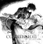  1boy 1girl commission dancing dress english_text flower greyscale hair_flower hair_ornament hetero highres kgeroua long_hair long_sleeves monochrome neck_ribbon original ribbon short_hair suit_jacket turtleneck tuxedo watermark 