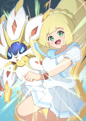  1girl absurdres blonde_hair blue_eyes blush commentary_request green_eyes highres lillie_(pokemon) long_hair open_mouth oronamin_poke pokemon pokemon_(creature) pokemon_sm short_sleeves skirt solgaleo solo sweater white_eyes white_skirt white_sweater z-ring 