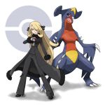  1girl black_dress black_footwear black_pants black_sclera black_shirt blonde_hair colored_sclera commentary_request cynthia_(pokemon) dress fins fur-trimmed_dress fur_trim garchomp hair_over_one_eye high_heels highres holding holding_poke_ball long_hair open_mouth pants poke_ball pokemon pokemon_(creature) pokemon_(game) pokemon_dppt sharp_teeth shirt smile teeth tellzeta white_background yellow_eyes 