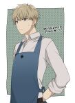  1boy blonde_hair blue_overalls closed_mouth grey_eyes highres long_sleeves male_focus mello79 overalls shirt short_hair solo spy_x_family twilight_(spy_x_family) white_shirt 